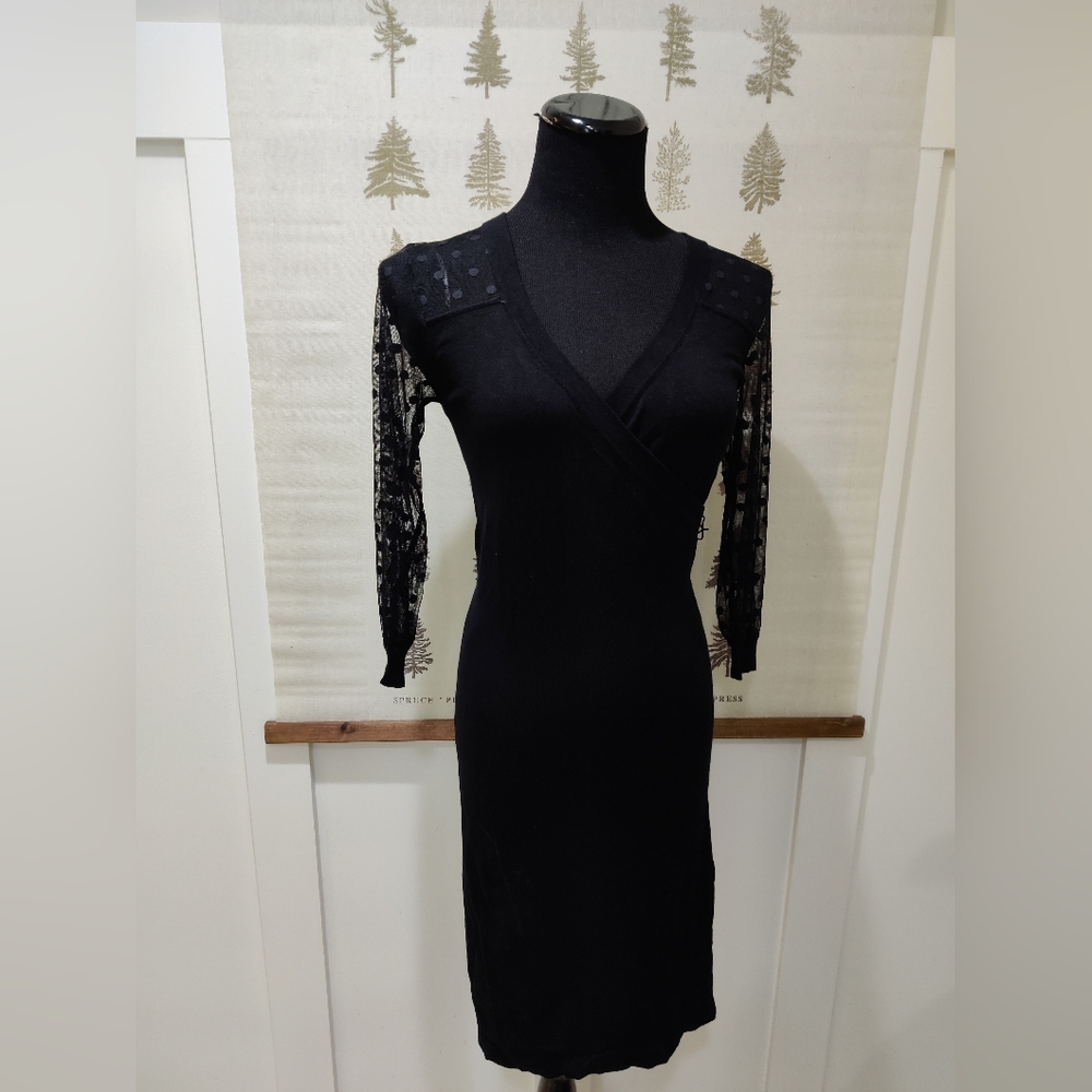Le Château Black Wrap Dress Polka Dot Mesh Sheer Long Sleeve Small